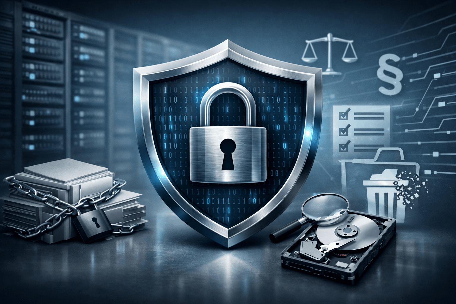 Imagen principal del artículo: Retención y borrado de datos: política mínima que reduce riesgo, coste y exposición en incidentes