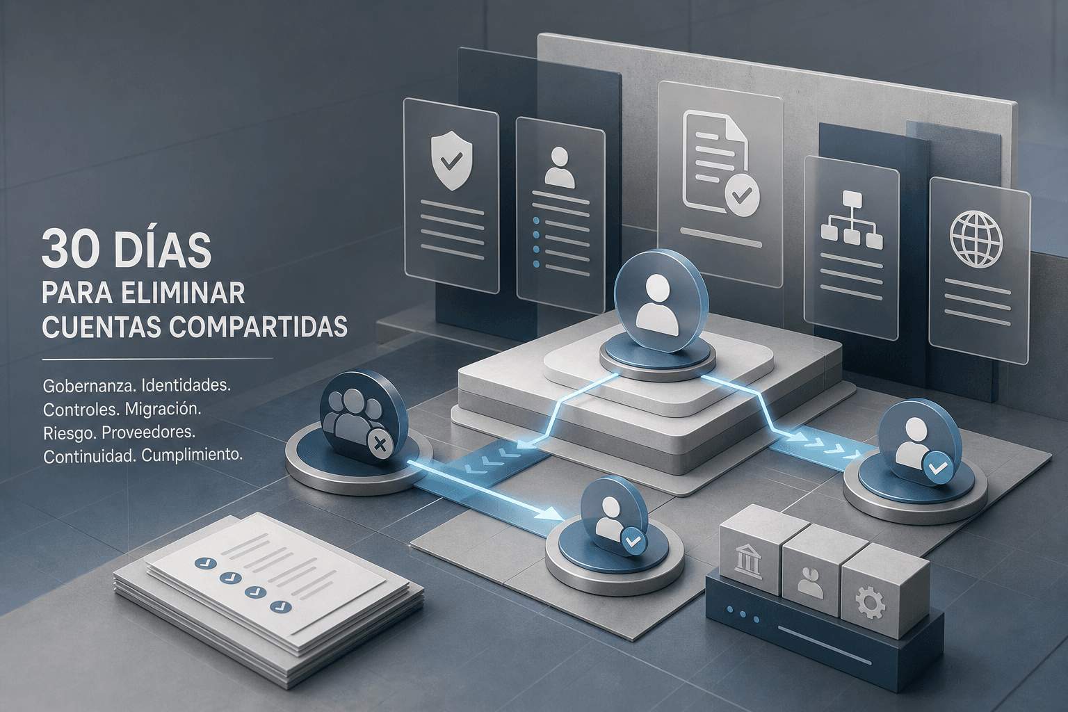 Imagen principal del artículo: Playbook: eliminar cuentas compartidas en 30 días — inventario, migración, controles y cierre